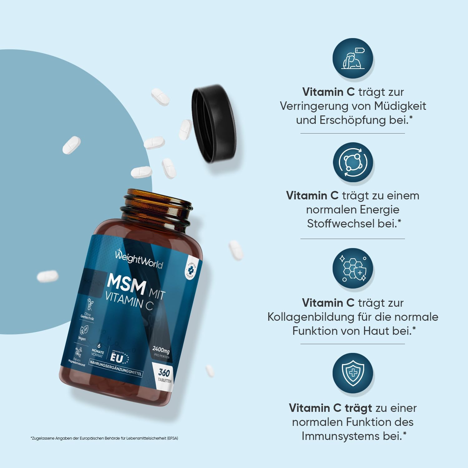 Thumbnail 5 de WeightWorld MSM Tabletten mit 2.400 mg MSM & 100 mg Vitamin C (360 vegane Tabletten) – 6-Monate-Vorrat