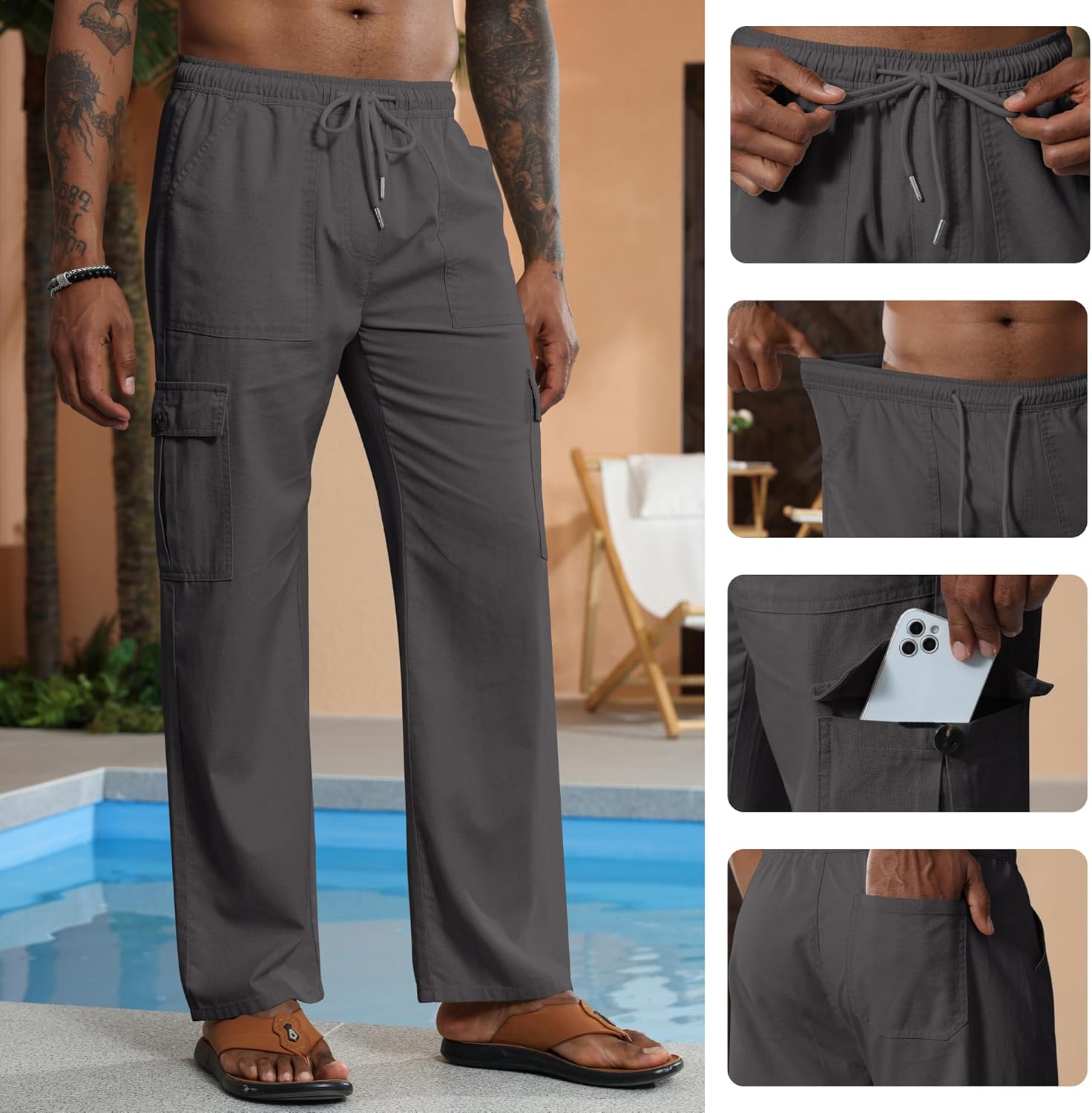 Thumbnail 5 de Breampot Herren Leinenhose Lang – leichte Cargo-Freizeithose aus Leinen-Baumwolle mit Kordelzug