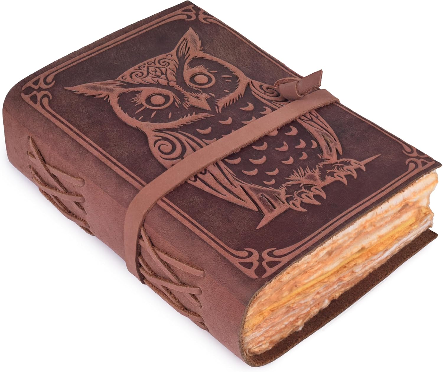 Detalle de LEATHER VILLAGE Spell Book Journal, Owl-Embossed Leather Notebook, Fuchsia 7x5