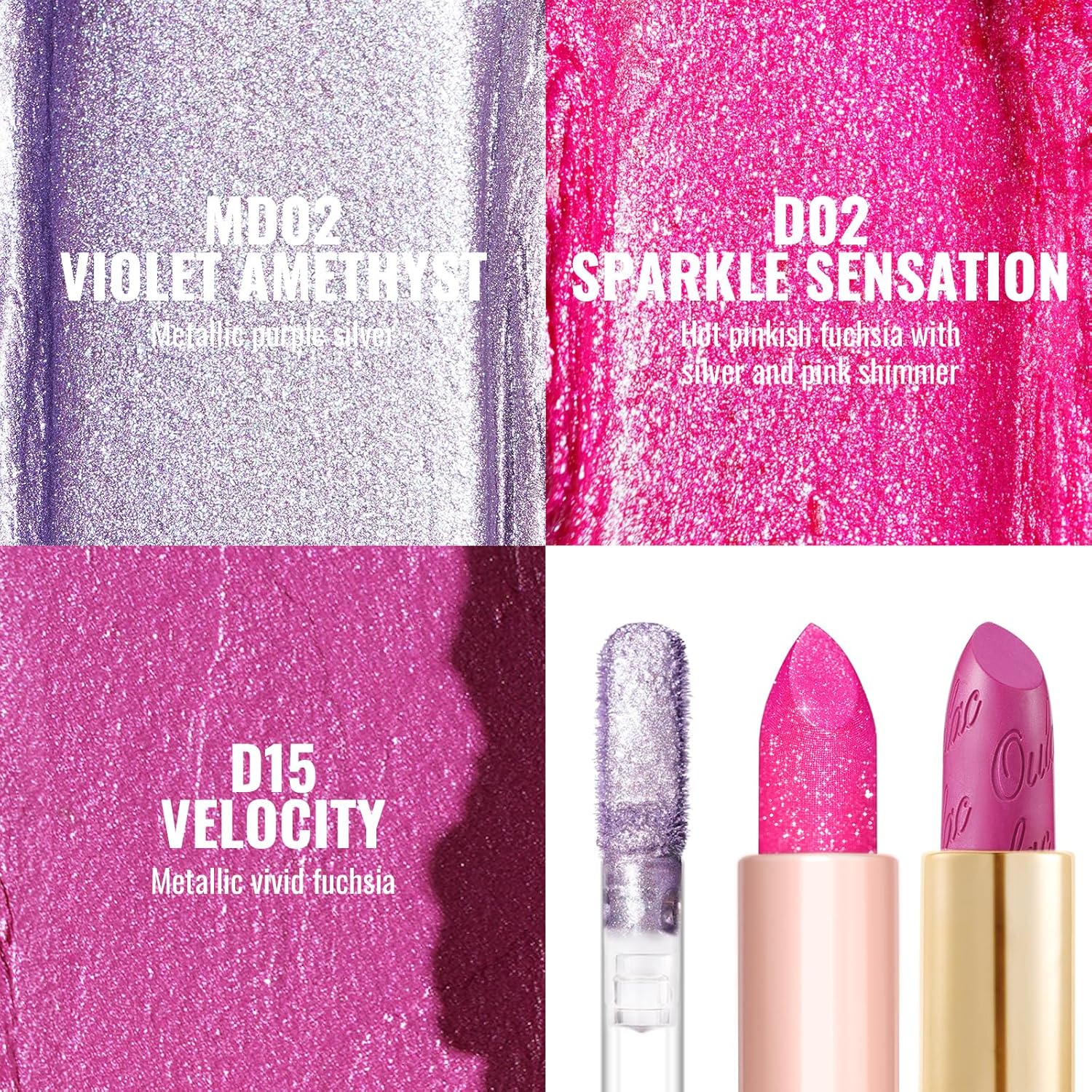 Detalle de OULAC Purple Pink Metallic Lipstick Kit (MD02 + D02 + MSD15) – 3-Piece Shimmer & High Pigment Set