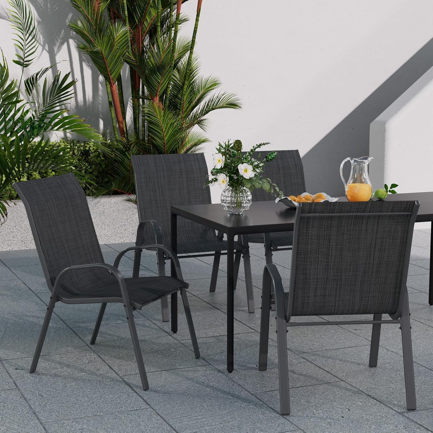 Detalle de UDPATIO Set di 6 Sedie da Giardino Impilabili Nero – Textilene, Schienale Alto e Braccioli (62 x 67 x 96 cm)