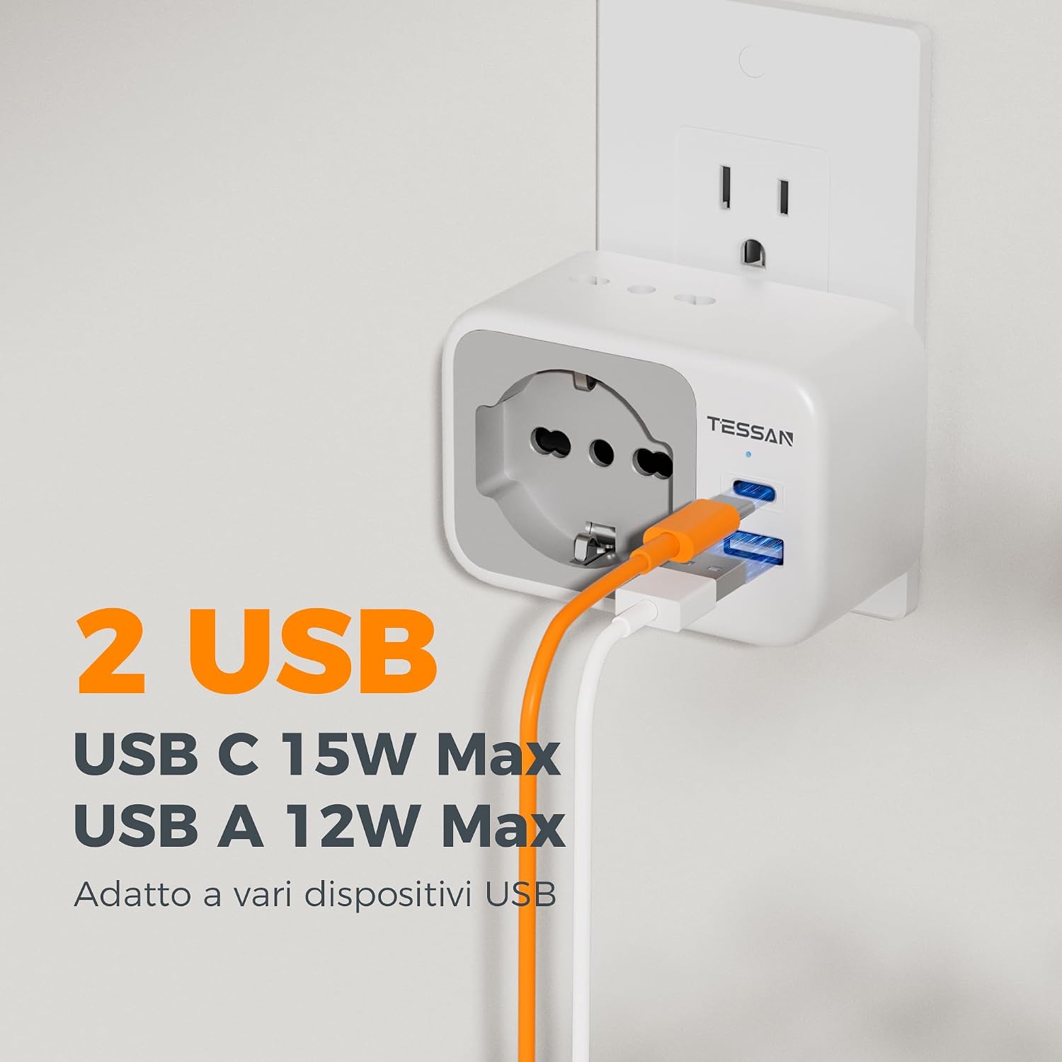 Thumbnail 2 de Adattatore Presa Americana Italiana 5 in 1 in Pack da 2 — USB-C e USB-A, 1875 W, uso internazionale