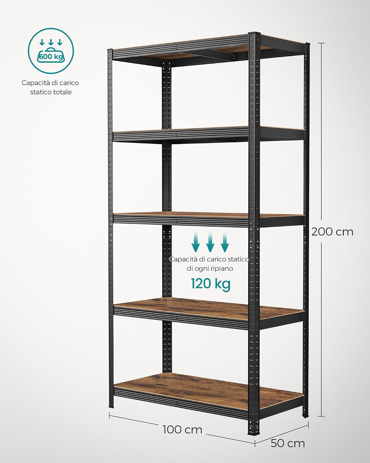 Thumbnail 2 de SONGMICS Scaffalatura GLR050B11, 50 x 100 x 200 cm, portata 600 kg, ripiani regolabili, stile vintage marrone e nero