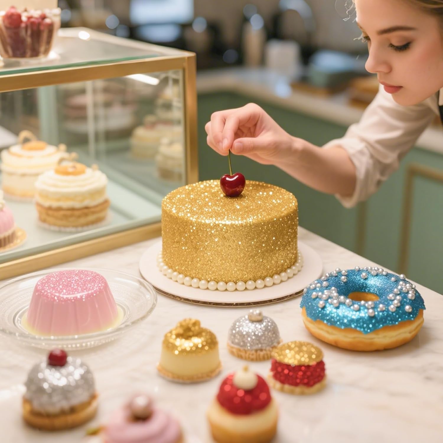 Detalle de Essbares Glitzer Set, 6 Farben – essbarer Schimmerstaub für Kuchen, Getränke und mehr