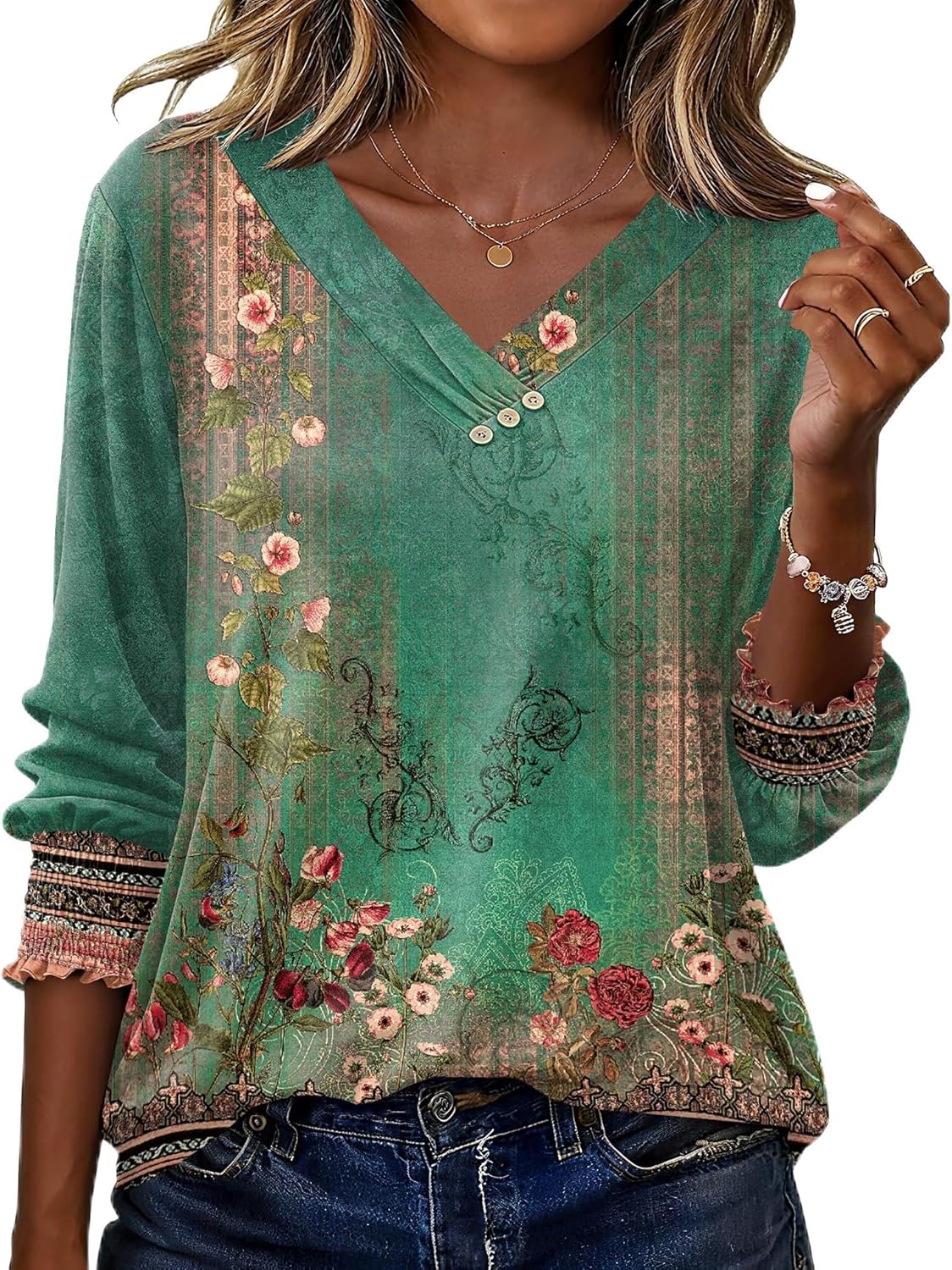 Thumbnail 6 de Rapbin Damen-Bluse mit 3/4-Arm, V-Ausschnitt und Knopfleiste – leichte Tunika für Sommer & Alltag