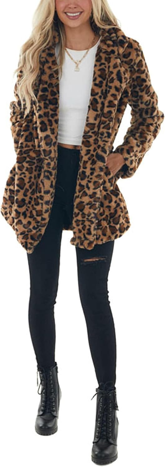 Detalle de Omoone Women's Leopard Faux Fur Coat, Open Front, Lined, with Pockets
