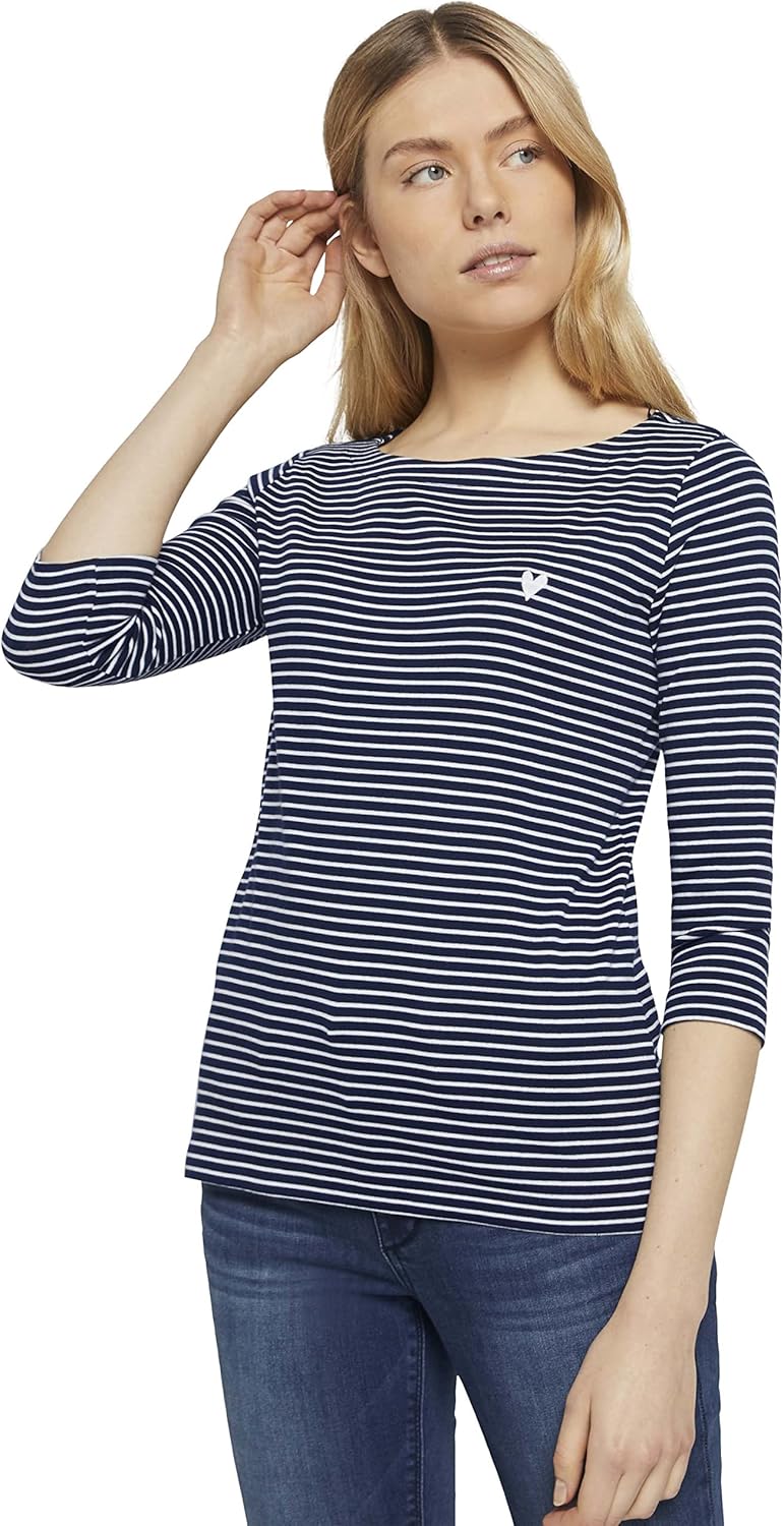 Thumbnail 6 de TOM TAILOR Damen Longsleeve mit Herz-Stickerei auf der Brust – gestreift im Regular Fit