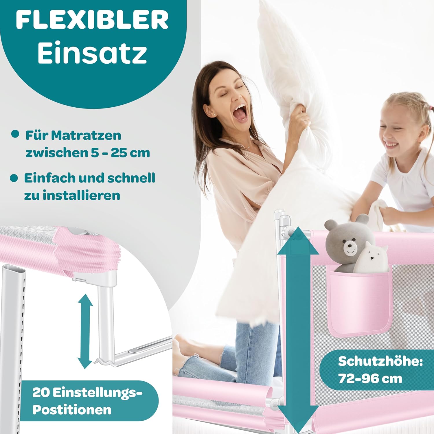 Detalle 2 de KESSER® Bettschutzgitter 180 cm Höhe 72–96 cm