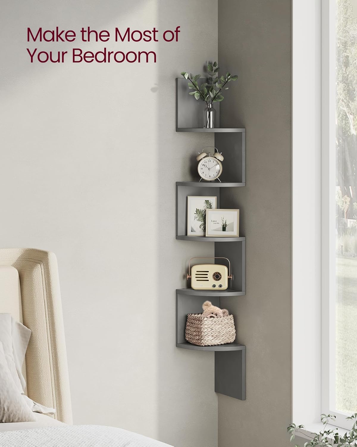 Detalle de VASAGLE Corner Wall Shelf 5-Tier Storage Shelf in Dove Grey