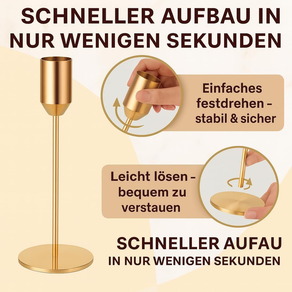 Thumbnail 3 de Alcohu 3er Set goldene Kerzenständer aus Metall für Stabkerzen (Ø 2,2 cm) – Vintage für Tisch & Kamin