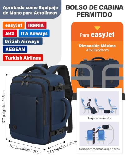 Thumbnail 2 de VANKEV Mochila de Cabina 45x36x20 cm para EasyJet, 30 L, con compartimento para portátil y TSA