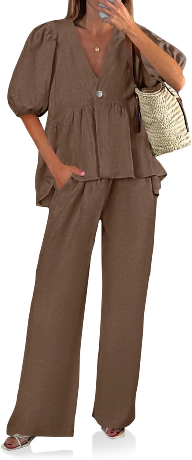 Thumbnail 6 de Tankaneo Women's 2-Piece Linen Sets: V-Neck Puff Sleeve Babydoll Top & Wide Leg Pants