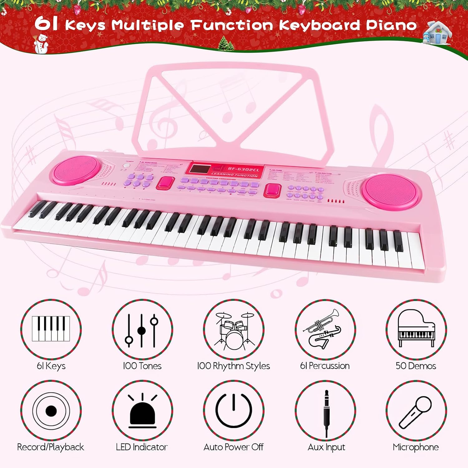 Thumbnail 4 de WOSTOO 61-Key Kids Electronic Piano Keyboard (Portable, Follow Teaching Mode) – Pink