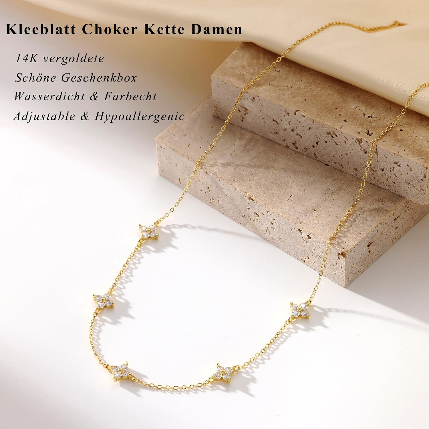 Detalle de HARJJME Damen-Kette aus 14K vergoldetem Kupfer & Silber 925 mit Kleeblatt, Herz und Zirkonia – Choker, wasserfest