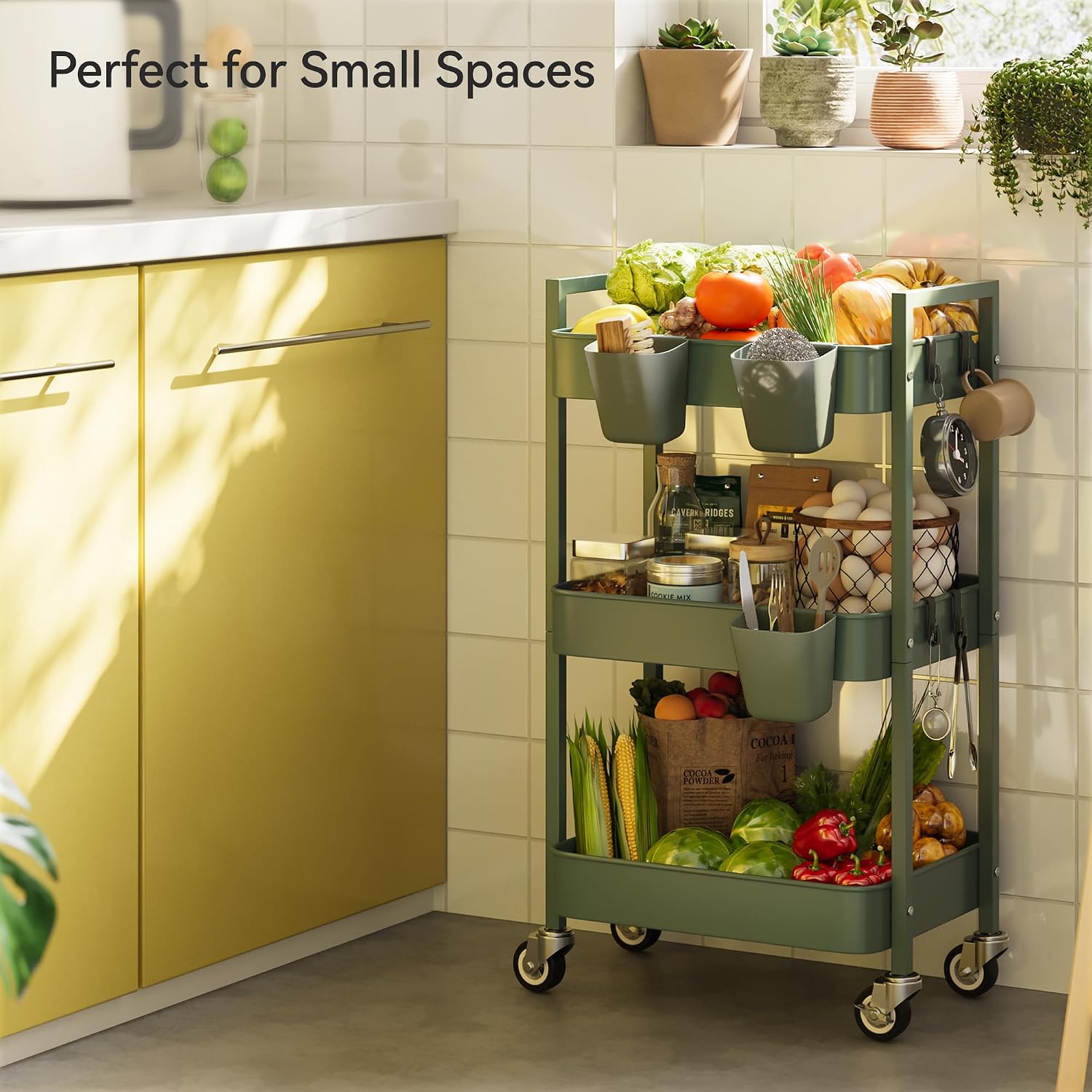 Detalle 2 de Nunsino Rolling Cart 3-Tier Metal Utility Cart with Locking Wheels, Green