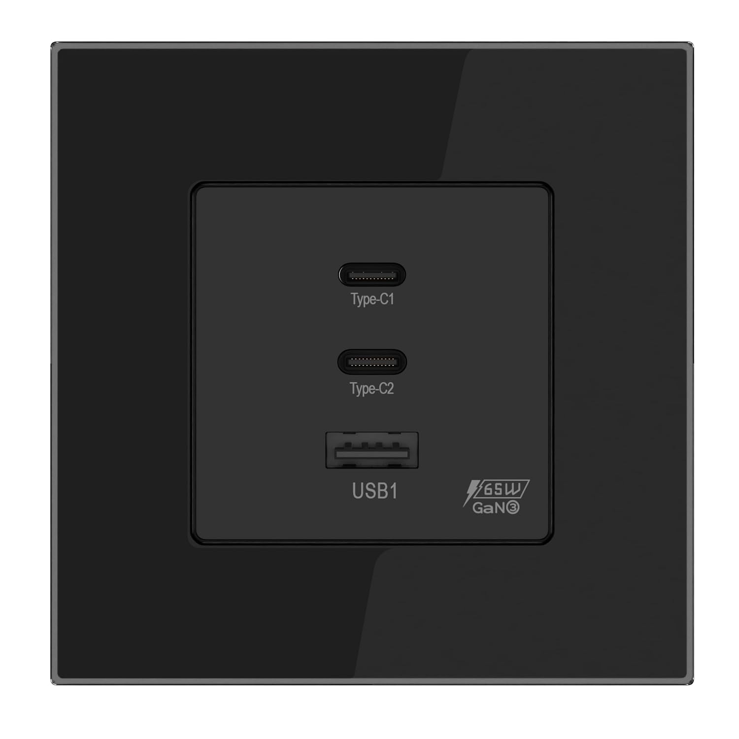 Detalle de PULSAR GaN PD-inbouwstopcontact, 65 W, 2 USB-C en USB-A, zwart glas