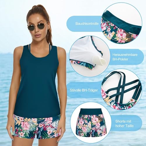 Detalle de JASAMBAC Tankini Damen – Dreiteilige Bademode mit Push-Up Oberteil und Hoher Taille