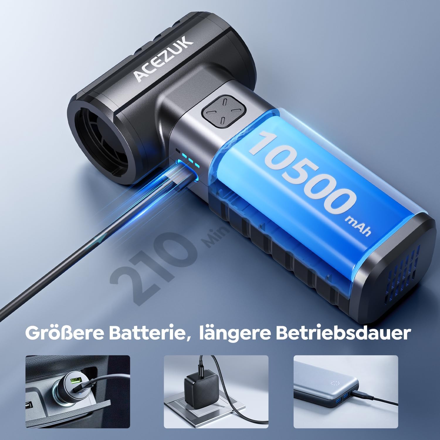 Detalle 2 de ACEZUK Elektrische Staubgebläse: 4-Gang Luftspray mit Akku für PC, Elektronik und Haushalt