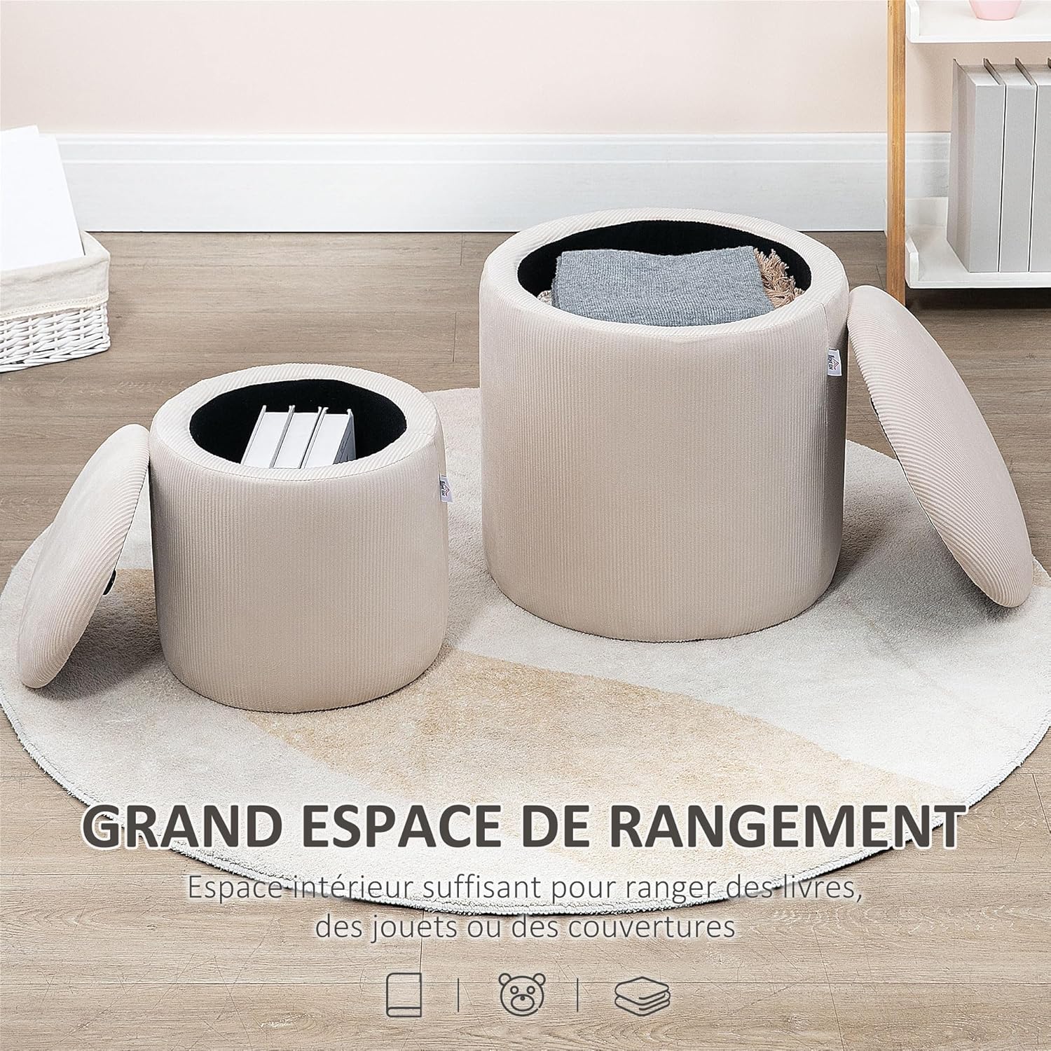Thumbnail 4 de HOMCOM Lot de 2 poufs tabourets avec coffre de rangement en tissu effet velours côtelé (crème)