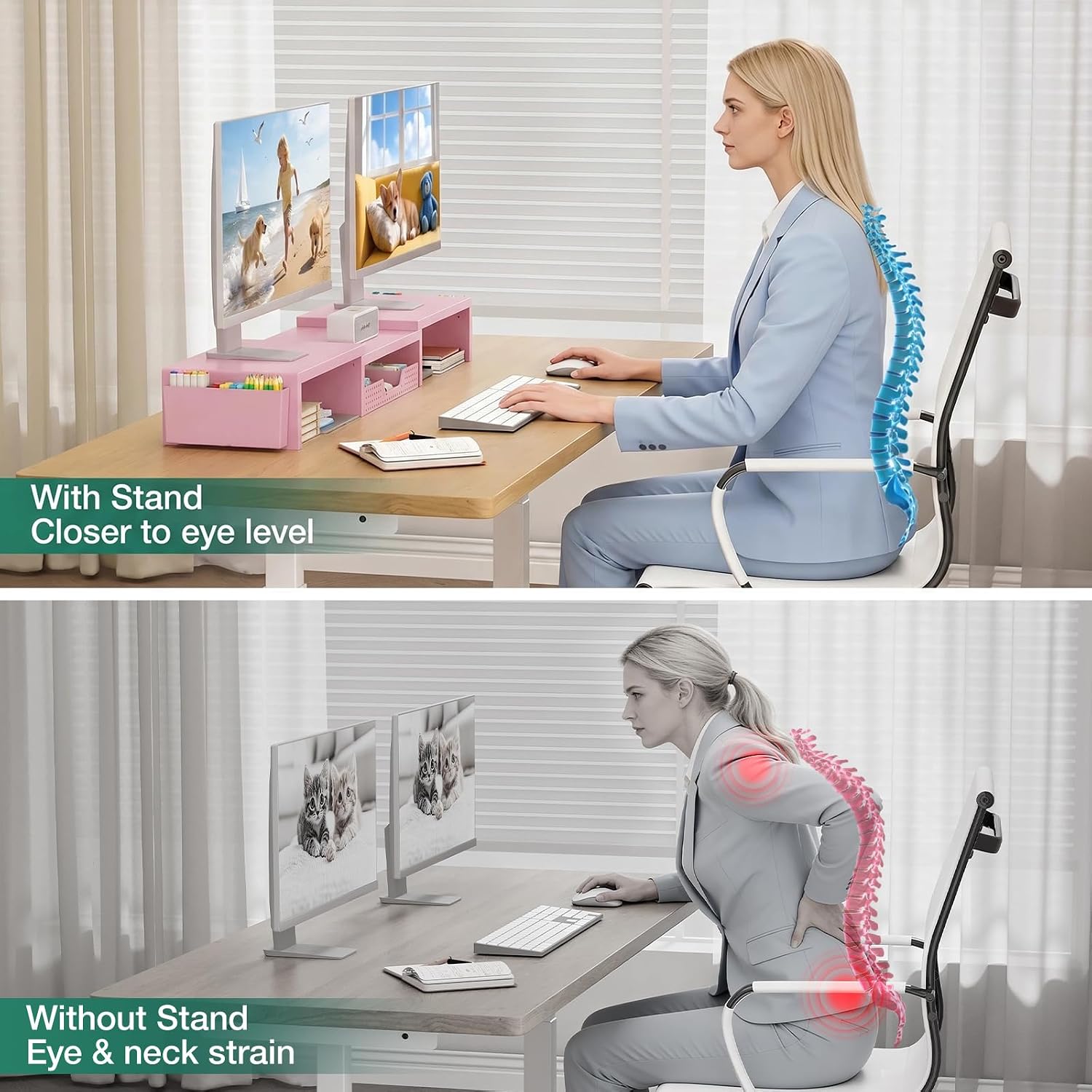 Detalle de OPNICE Pink Monitor Stand Riser with Drawer and 2 Magnetic Pen Holders
