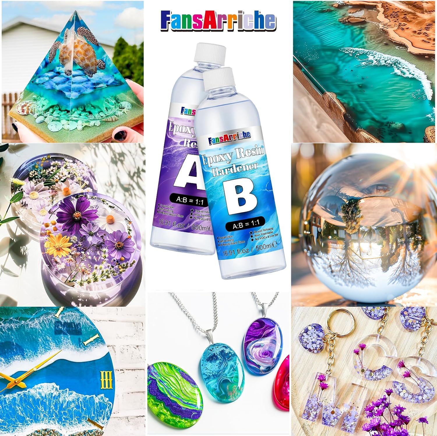 Detalle 2 de FansArriche Epoxidharz-Set 1000 ml (klar, zum Gießen) mit Härter, Farbpäckchen & Zubehör