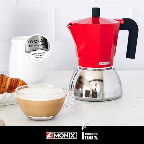 Detalle de Monix Induction Inox: Cafetera Italiana de 3 tazas en rojo, apta para inducción