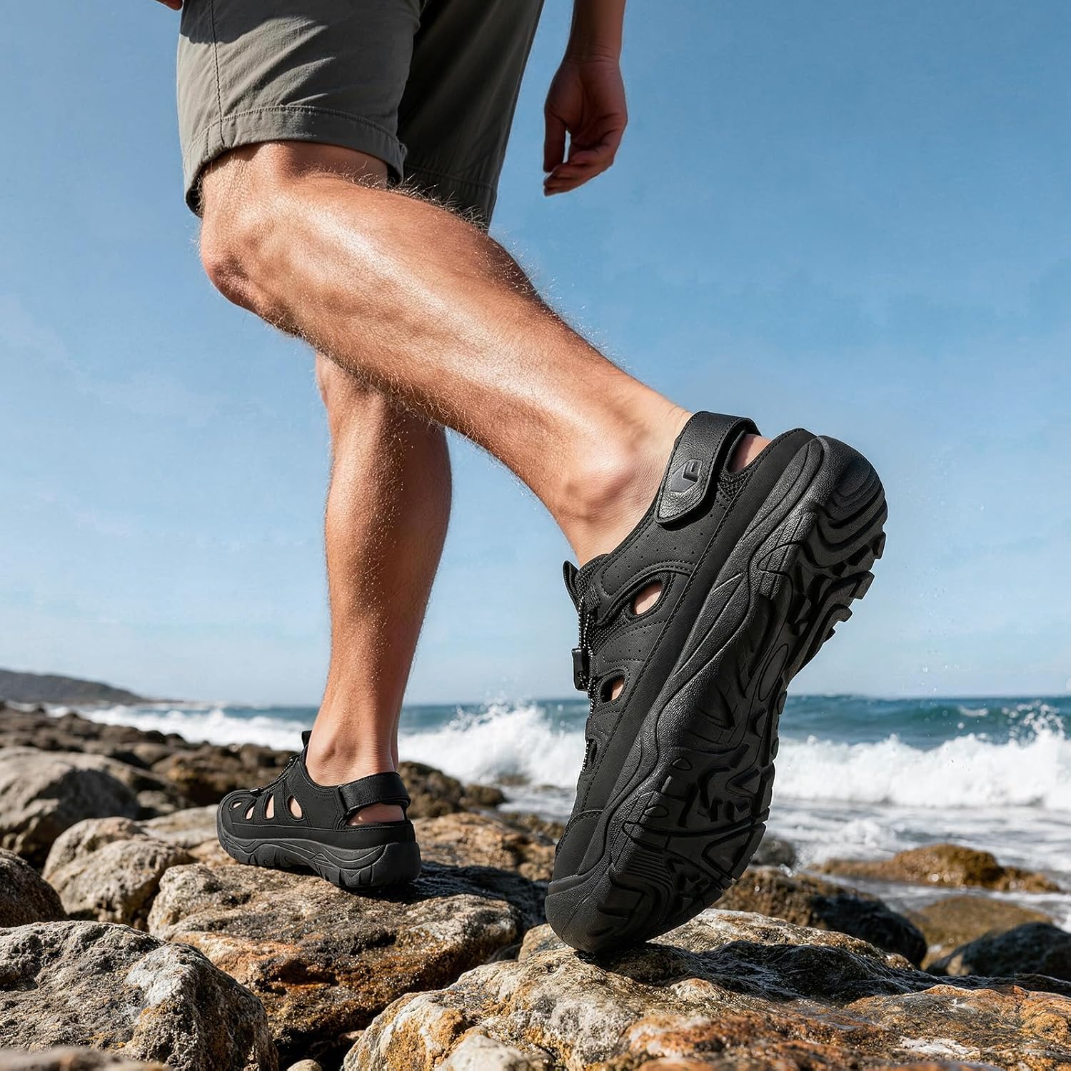 Detalle 2 de FitVille Weite Sandalen Herren – Sommerschuhe für breitere Füße mit Klettverschluss