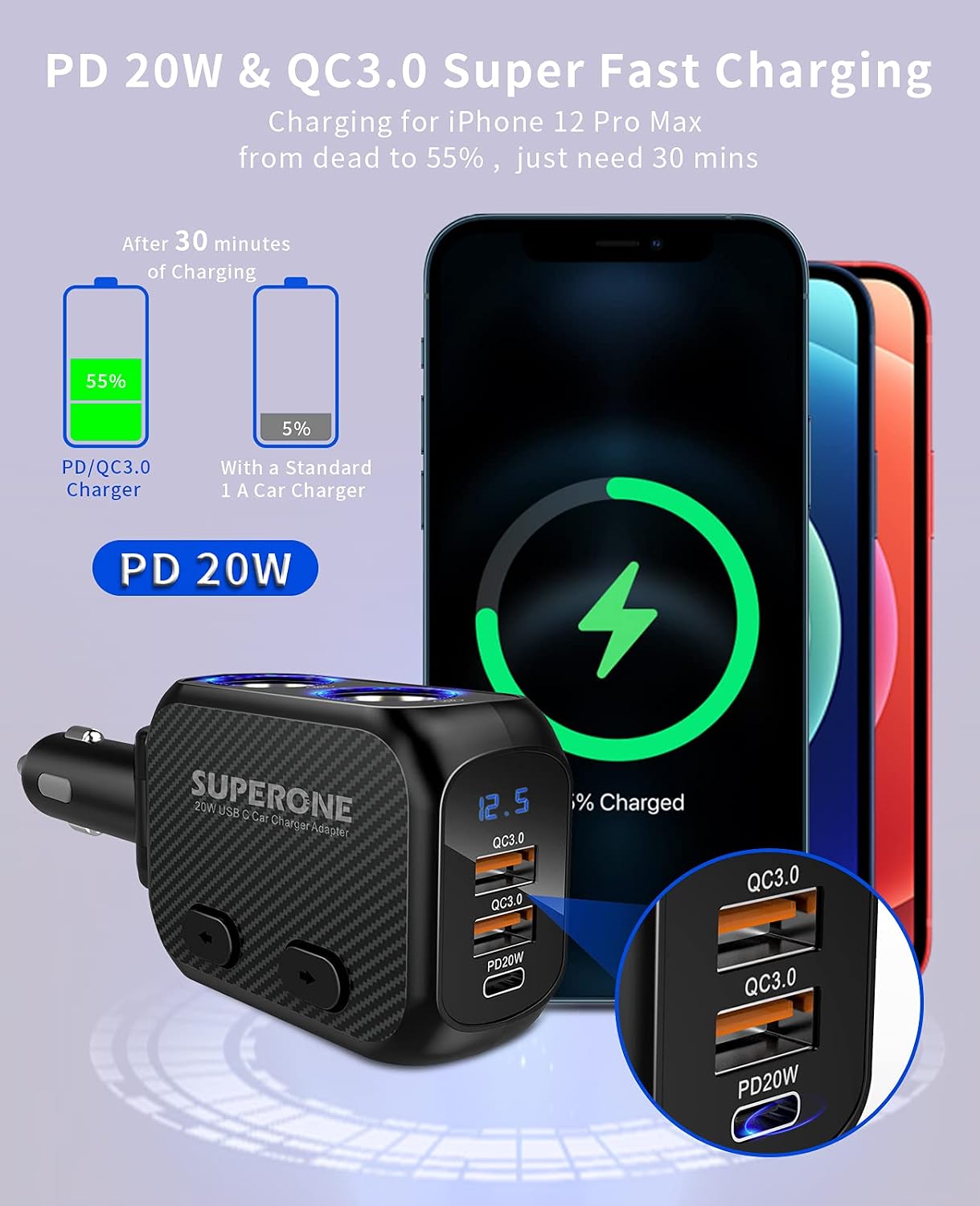 Thumbnail 1 de SUPERONE 180W Cigarette Lighter Splitter with 20W PD and 2 Sockets