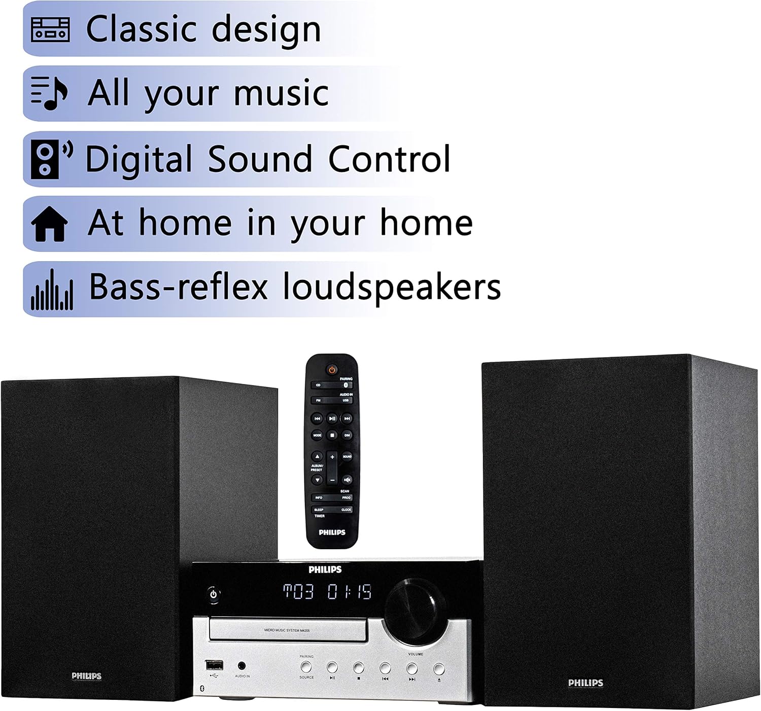 Detalle de PHILIPS Bluetooth Stereo System Home CD Player with USB, FM Radio, Bass Reflex Speakers (60W) + Remote