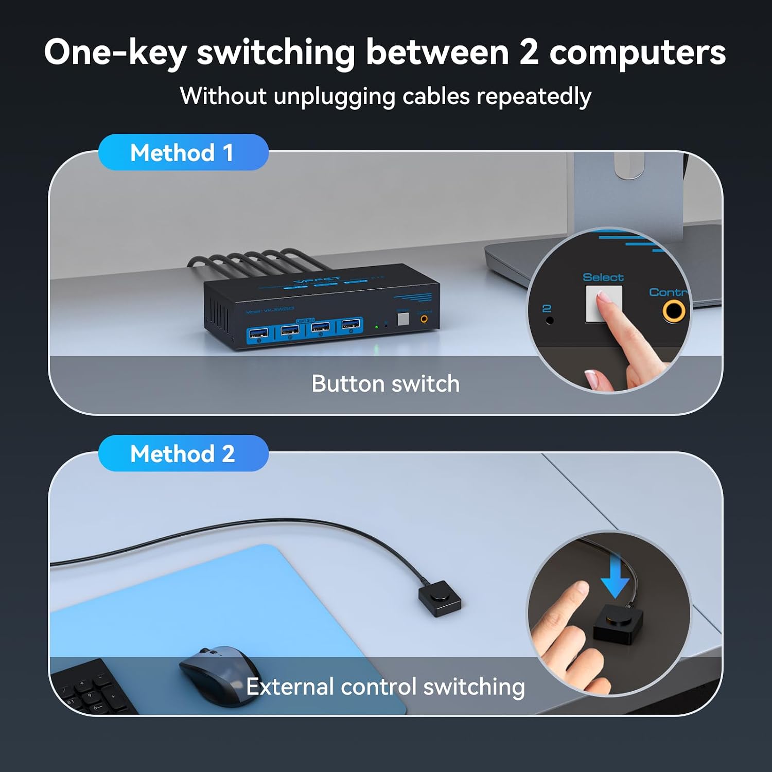 Detalle 2 de VPFET SW223-Deep Blue Dual-Monitor DisplayPort KVM Switch, 8K and USB 3.0