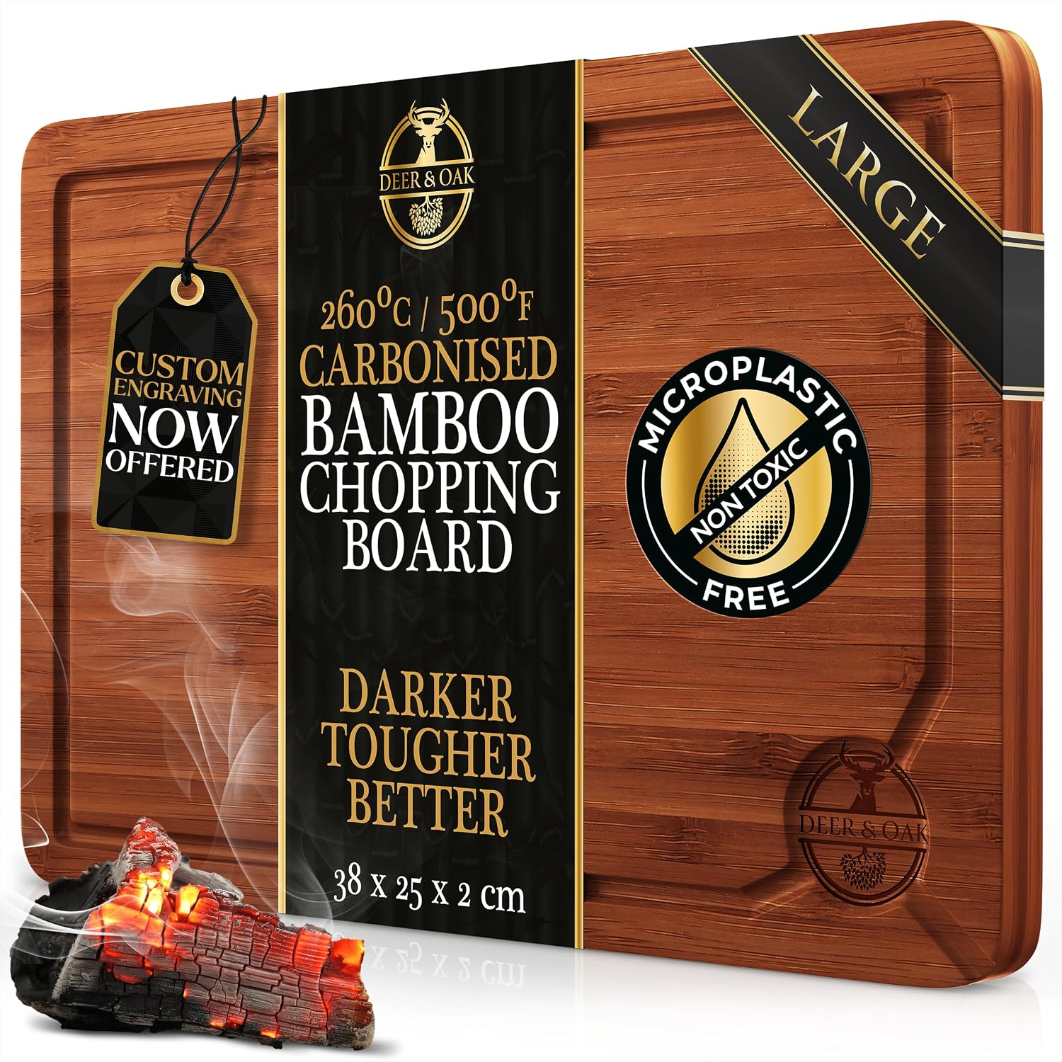 Deer & Oak Large Carbonised Bamboo Cutting Board 38×25×2 cm 🍽