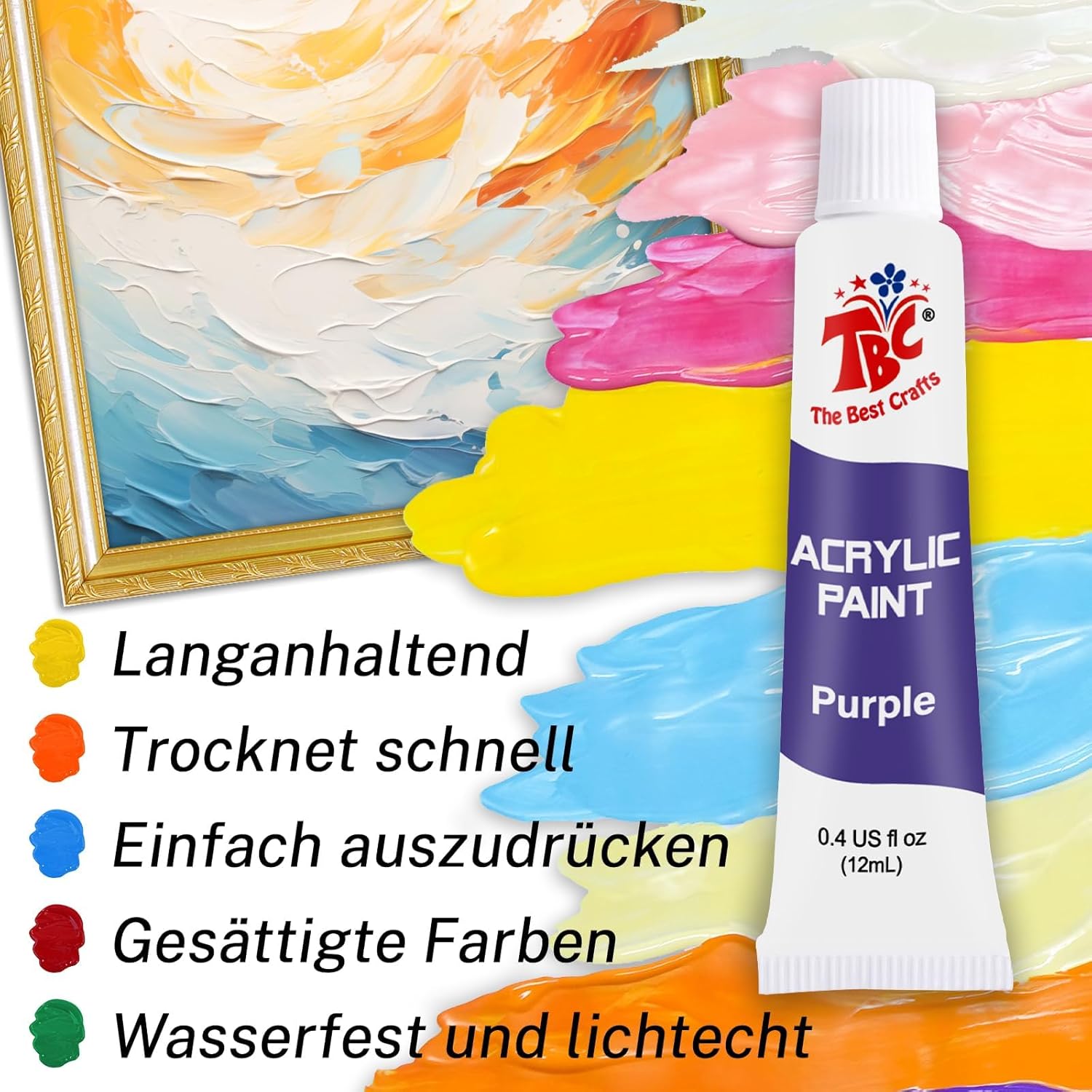 Detalle de 24 couleurs – Peinture acrylique en 24 tubes de 12 ml avec 3 pinceaux, idéal pour artistes et enfants
