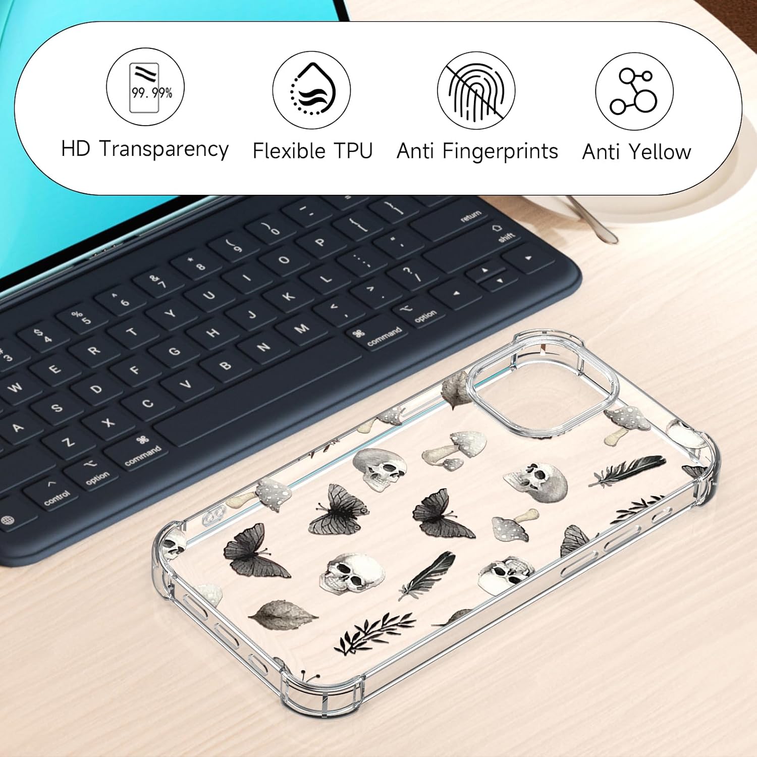 Detalle de CAROKI Clear TPU iPhone 15 Case with Black Skull Pattern