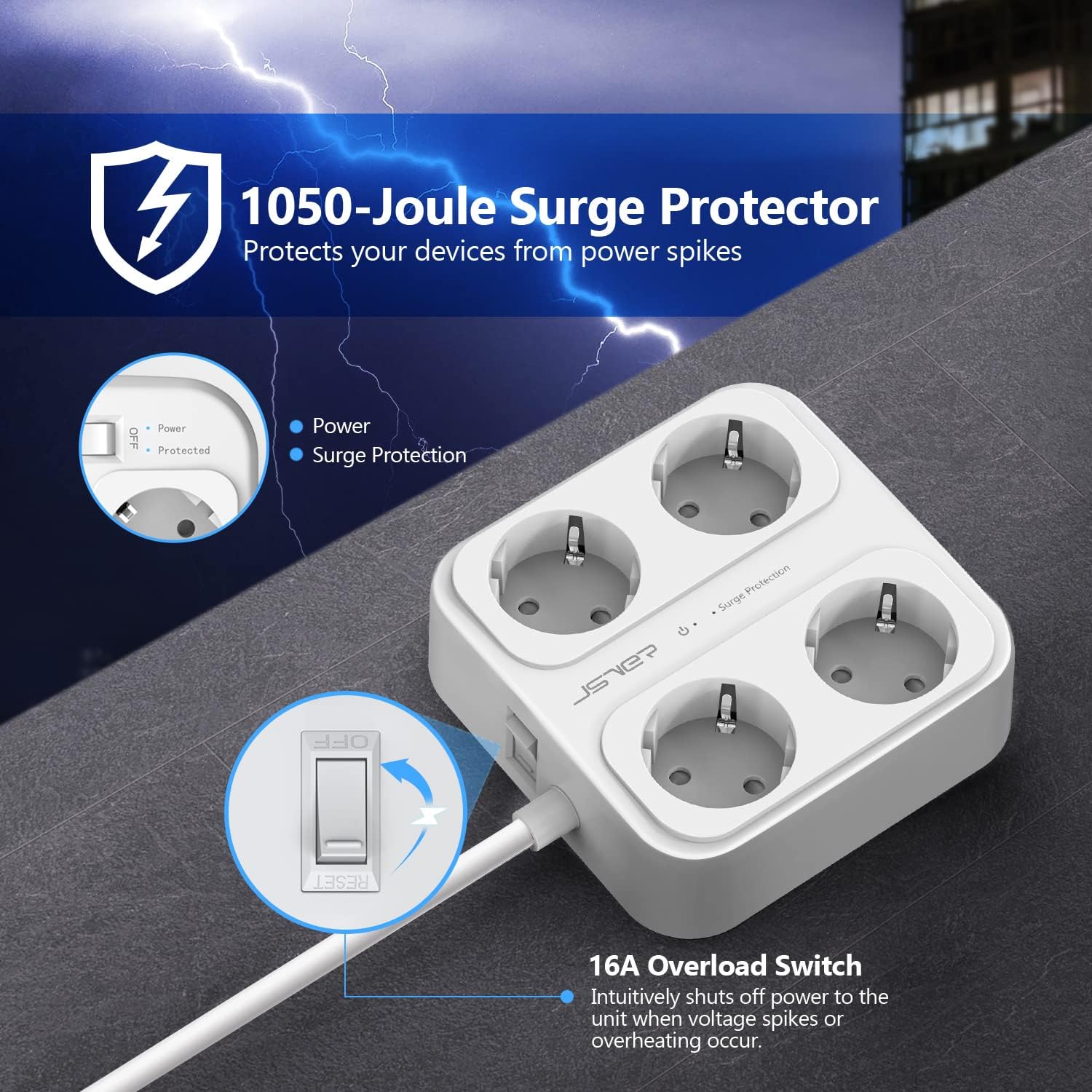 Detalle de JSVER Steckdosenleiste 4-fach USB + USB-C, Wandmontage, 1,8 m Kabel, 1050 J Überspannungsschutz