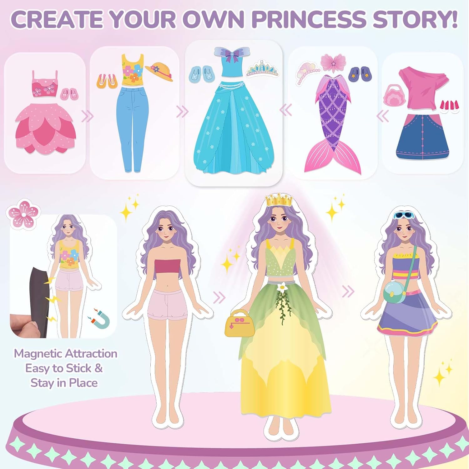 Detalle de Dreamon Magnetic Dress Up Dolls – 37 Pieces for Creative Princess Play (3+ Years)