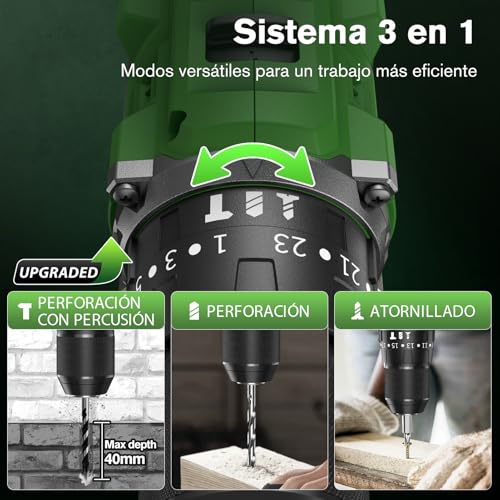 Detalle de Ginour Taladro Percutor a Batería 50 Nm, 21V con 2 Baterías 2Ah y Maletín: versatilidad 3 en 1 para atornillar, taladrar y percutir