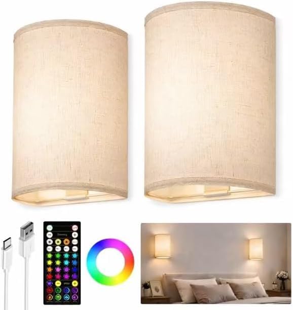 Detalle de EZVALO Rechargeable Wall Sconce Set of Two with Remote, Linen Shade, RGB Lighting