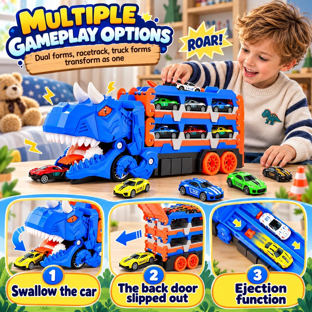 Detalle de TocsQron YM333-1 Dinosaur Race Track Toy with 12 Cars and 150cm Dual Track