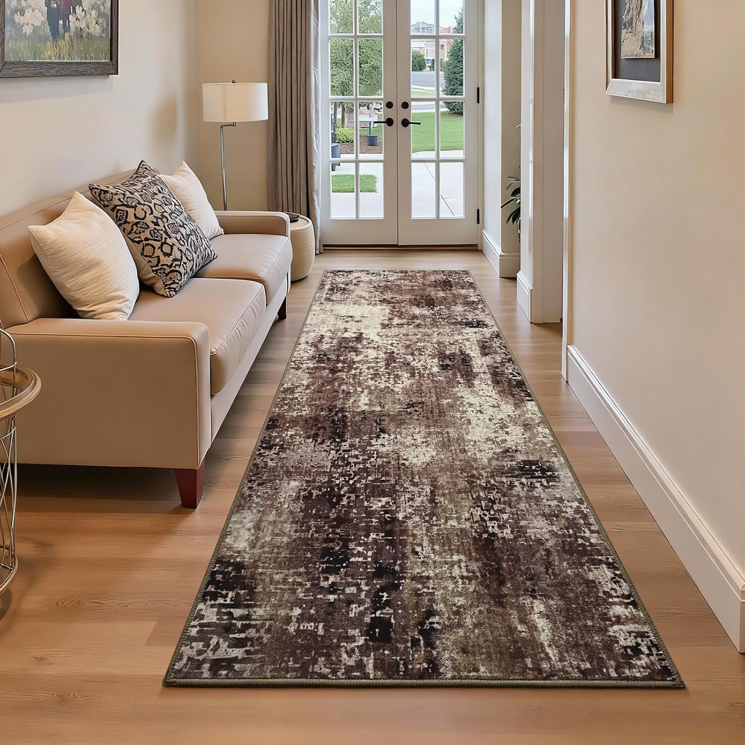 Thumbnail 1 de 2x6 Brown Rug Runners for Hallways and Kitchen - Non Slip, Washable Abstract Runner with Rubber Backing
