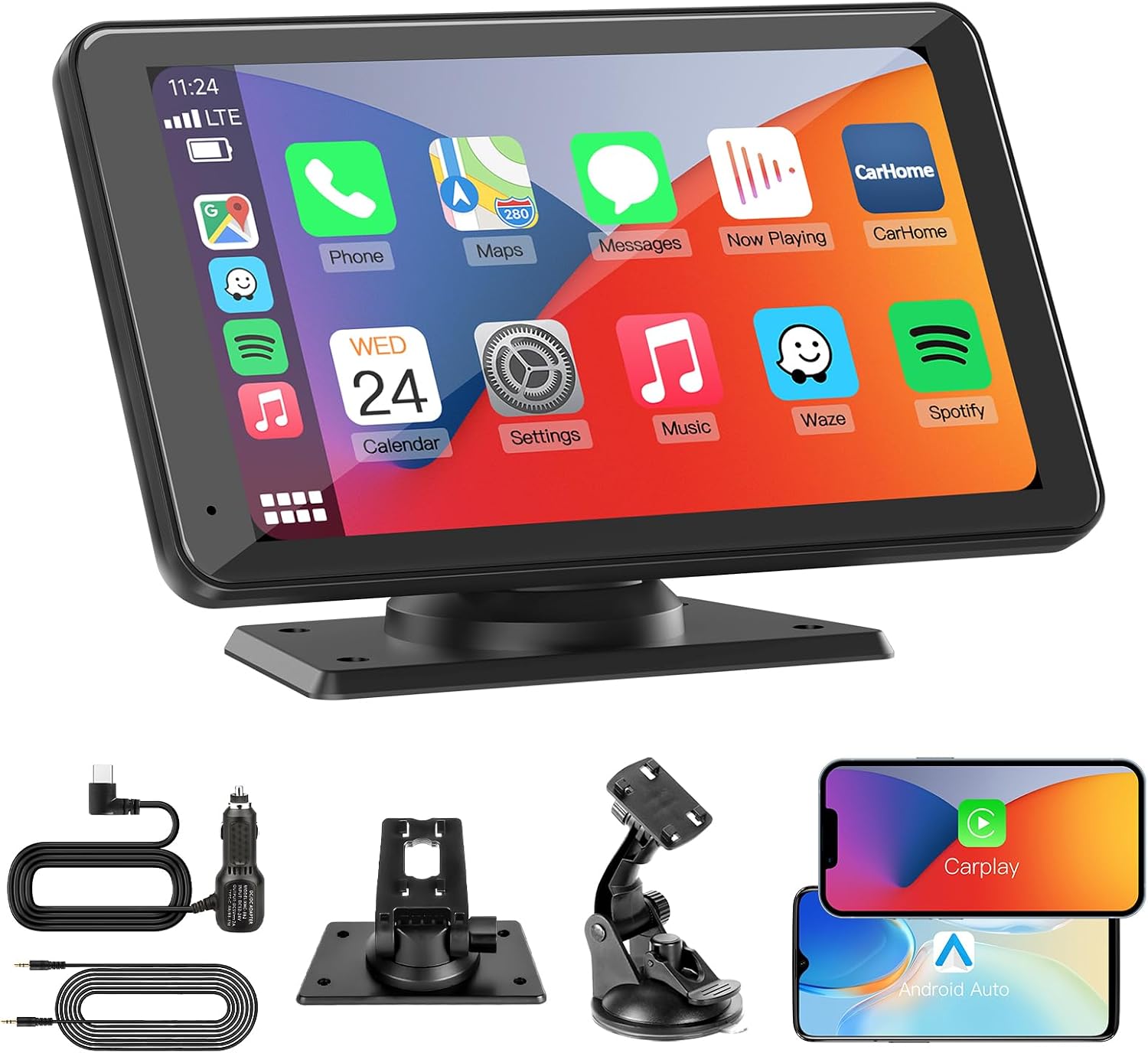 Detalle de KAXRUO 7-inch Portable Wireless CarPlay & Android Auto Screen with Bluetooth, FM, AUX and Voice Control