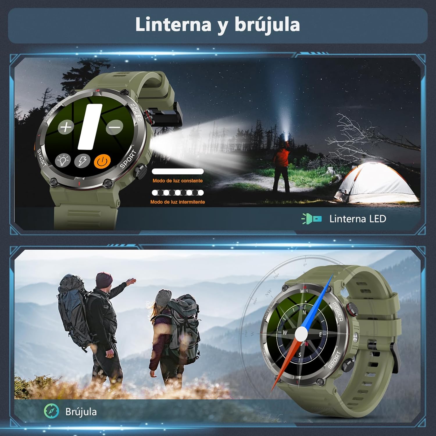 Detalle 2 de Baolubao Reloj Inteligente para Hombre con linterna, brújula y llamadas Bluetooth