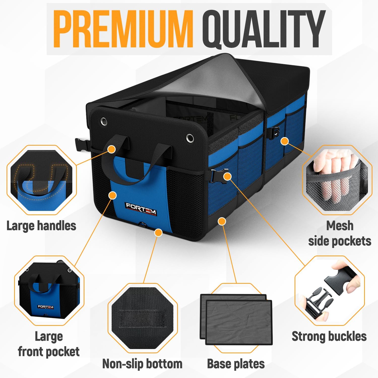 Detalle 2 de FORTEM Car Boot Organiser (65L) – collapsible multi-compartment trunk storage with straps