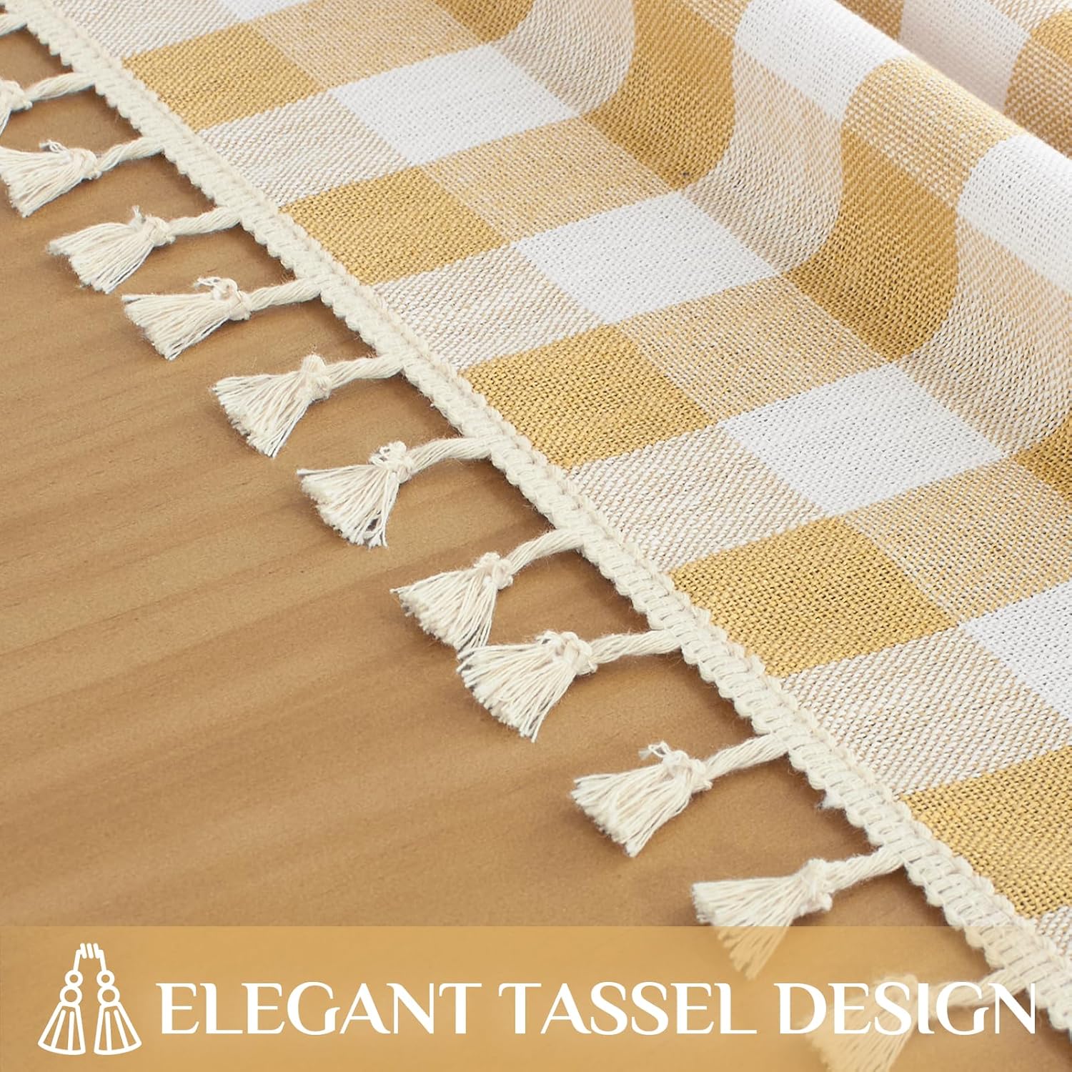 Thumbnail 4 de Softalker Checkered Tablecloth Square, 55 x 55 Inch, Yellow Buffalo Plaid Outdoor Linen-Cotton with Tassels