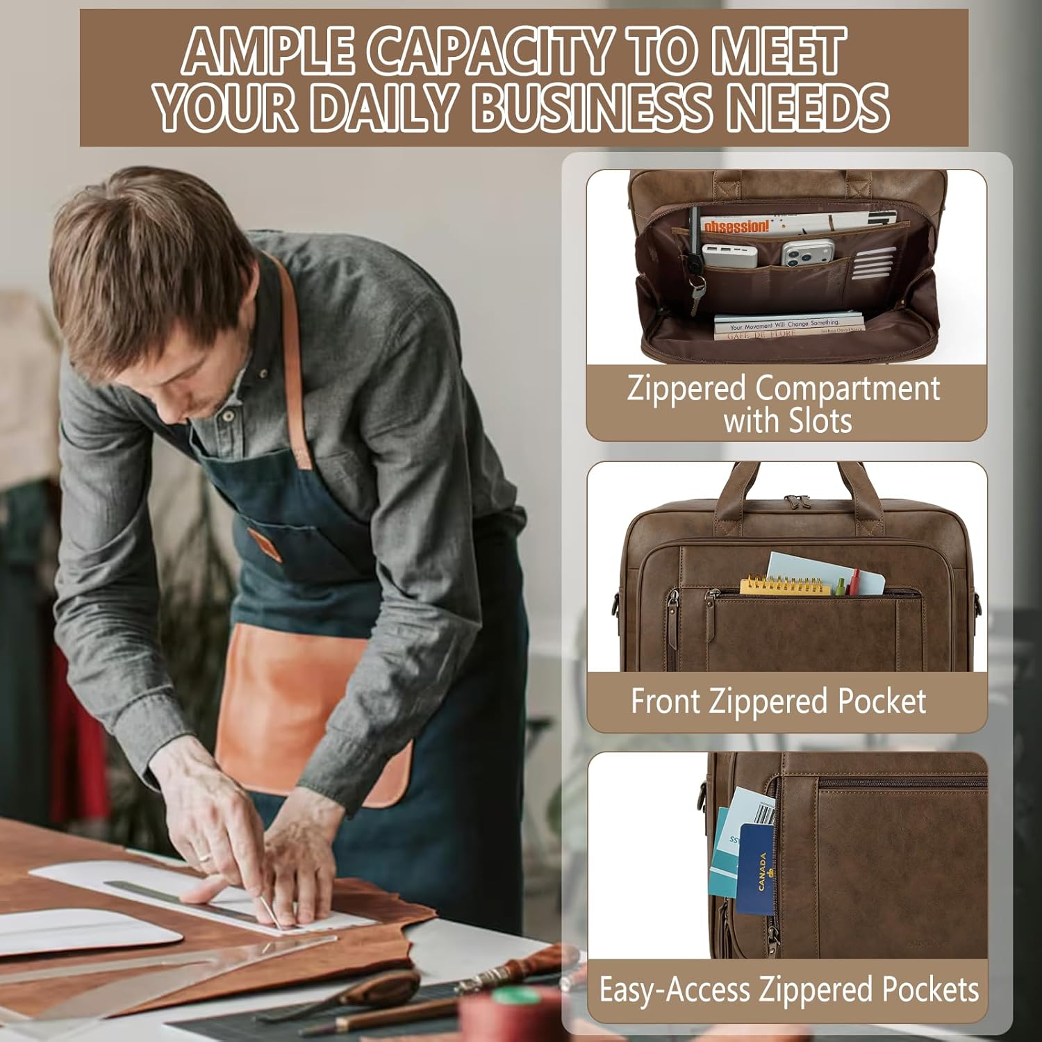 Thumbnail 3 de RAINSMORE Laptop Bag for Men – 16 Inch Waterproof PU Leather Satchel Briefcase