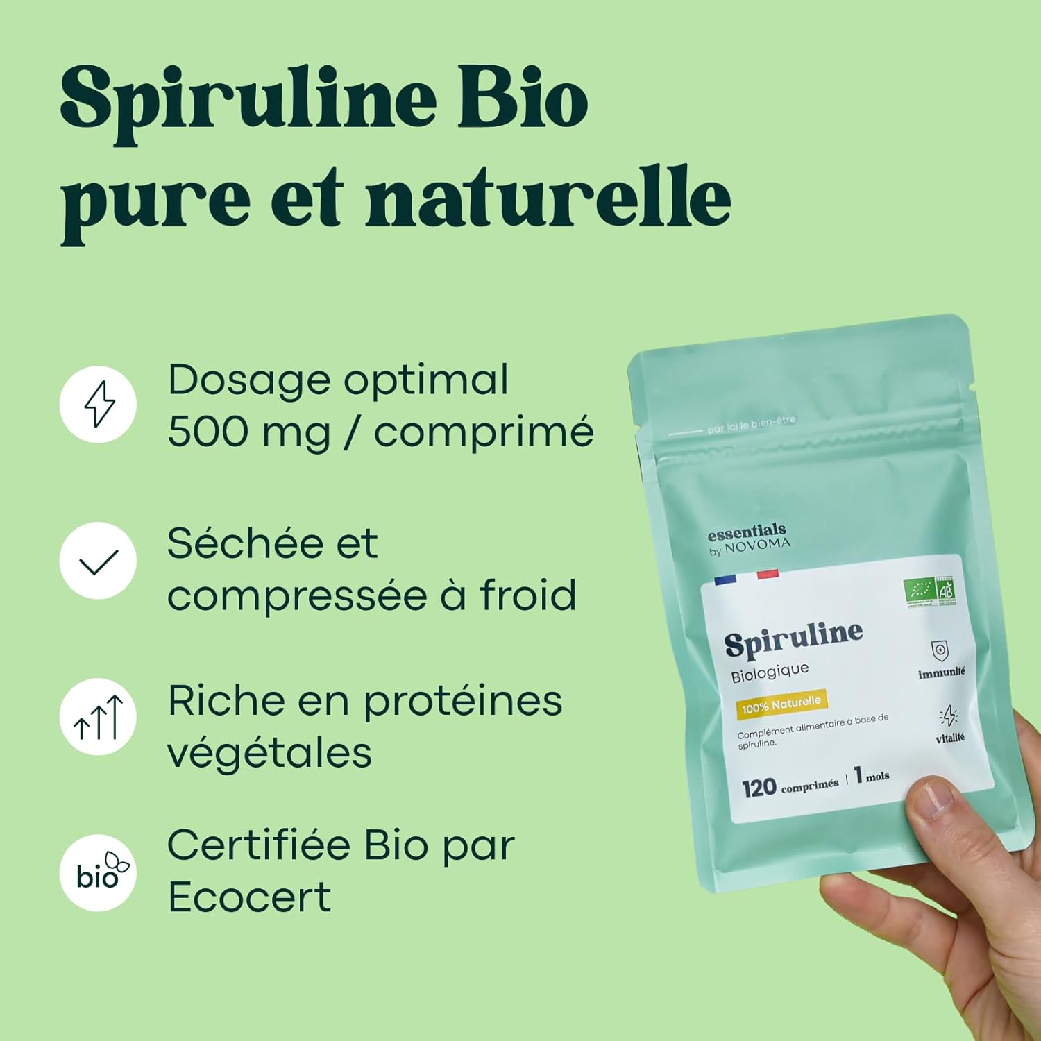 Thumbnail 2 de Spiruline Bio 500 mg Pure et Naturelle (cure 1 mois, 120 comprimés vegan)