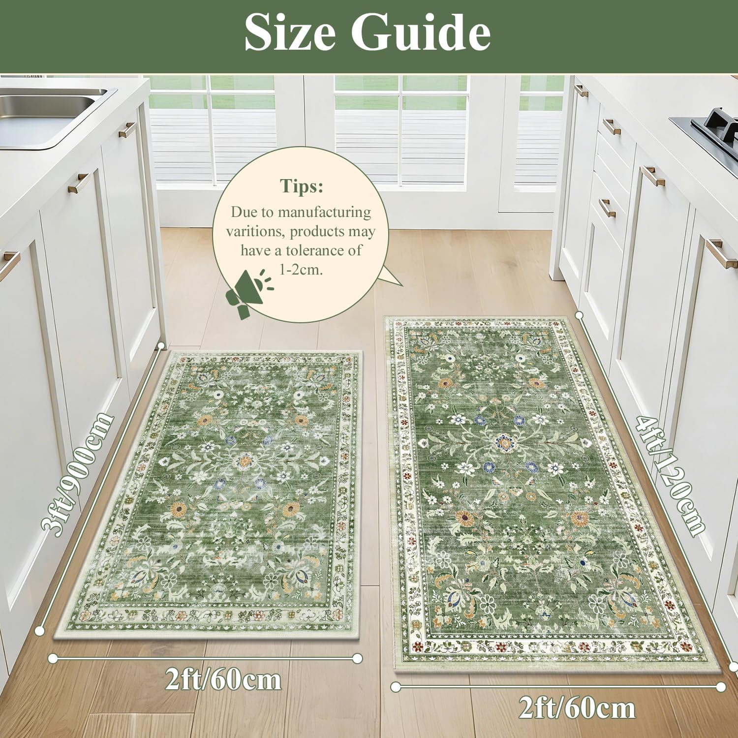 Thumbnail 1 de Yamaziot Washable Kitchen Rug Set of 2: Non-Slip Boho Floral Runner Rugs (2x3 and 2x5, Green)