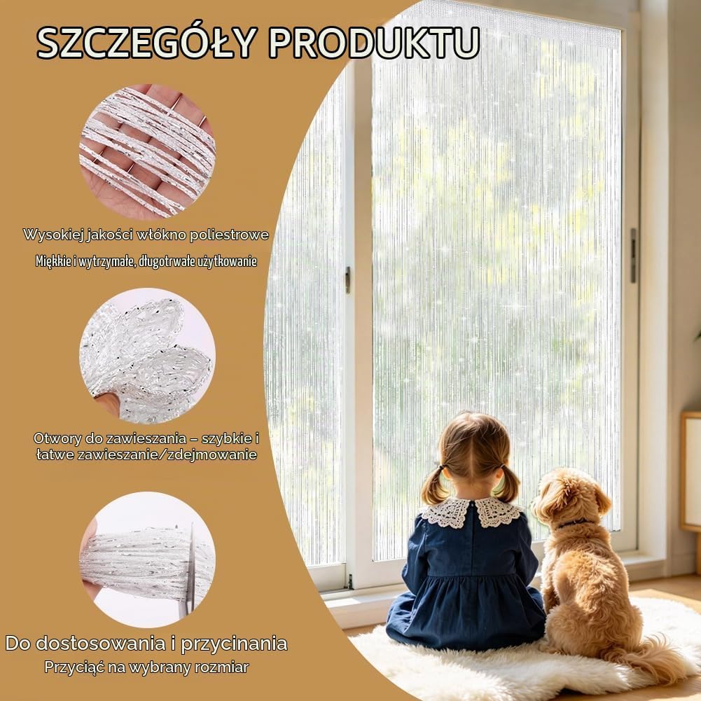 Detalle de OFFCUP zasłona sznurkowa na drzwi 100 × 200 cm, biała, z połyskującą nicią