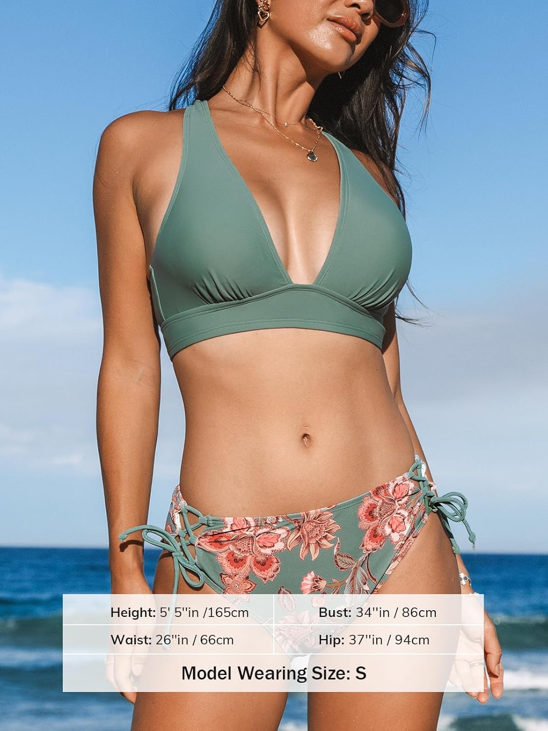 Detalle de CUPSHE Damen Bikini Set V-Ausschnitt Lace Up – Vintage Blüten, Kreuzträger und Tiefes Bunddesign
