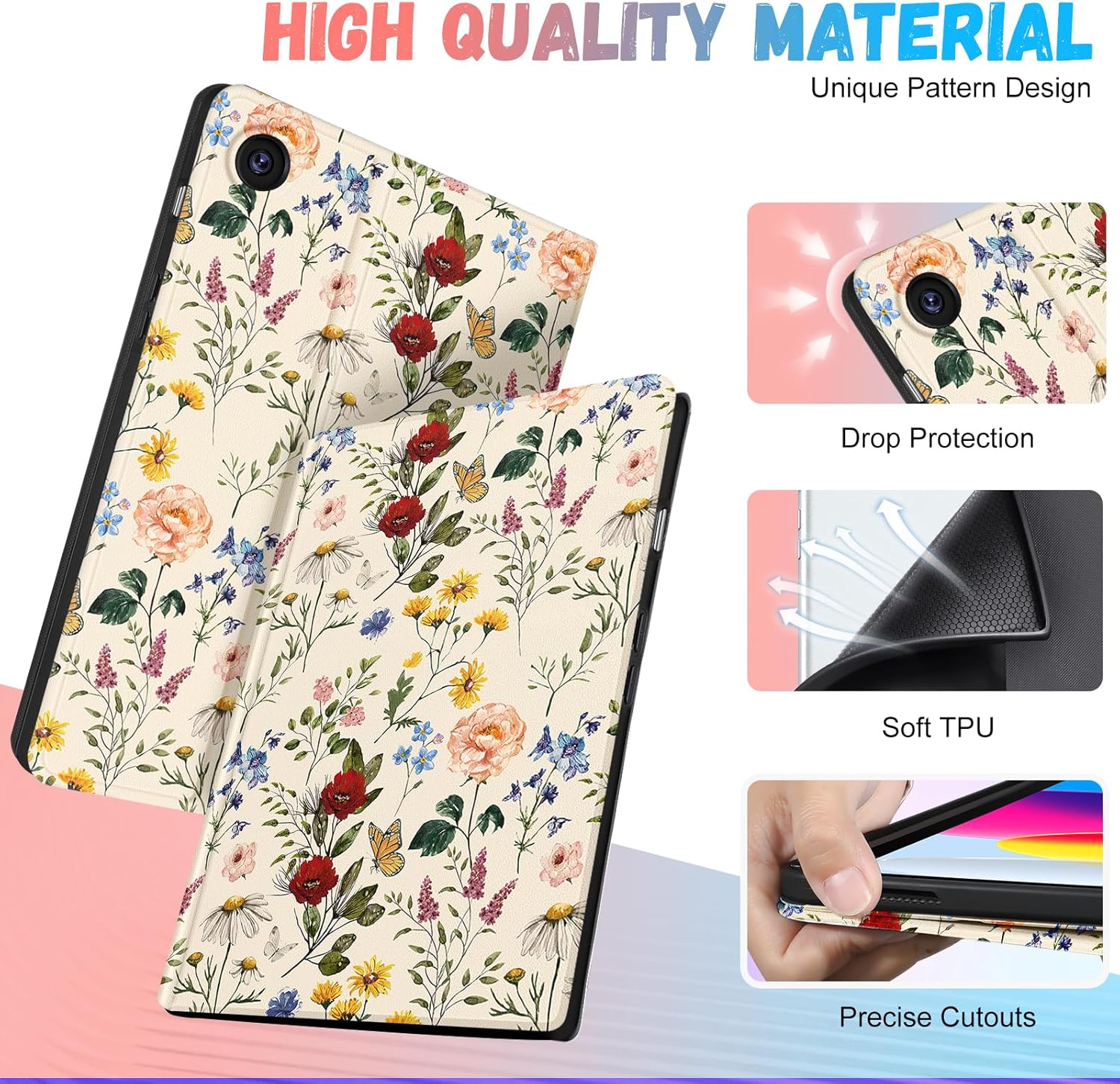 Detalle 2 de SurgeCraft Folio Case for Samsung Galaxy Tab A9 Plus (11”) – Floral Girly Design with Pencil Holder