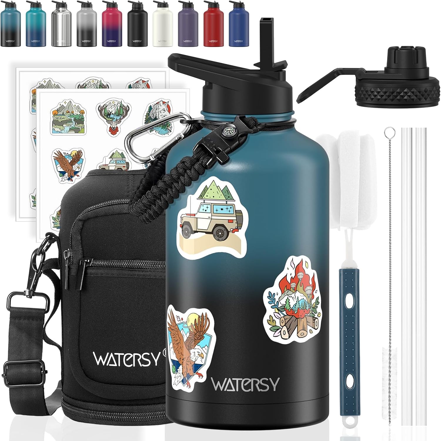 Detalle de WATERSY 64oz Insulated Water Bottle (Cold 48 Hours) — BPA-Free, Leak-Proof Half-Gallon Flask with Straw Lids